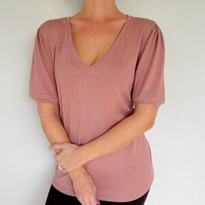 MOD REF mauve pink v-neck ruffle puff sleeve stretch tee size XL